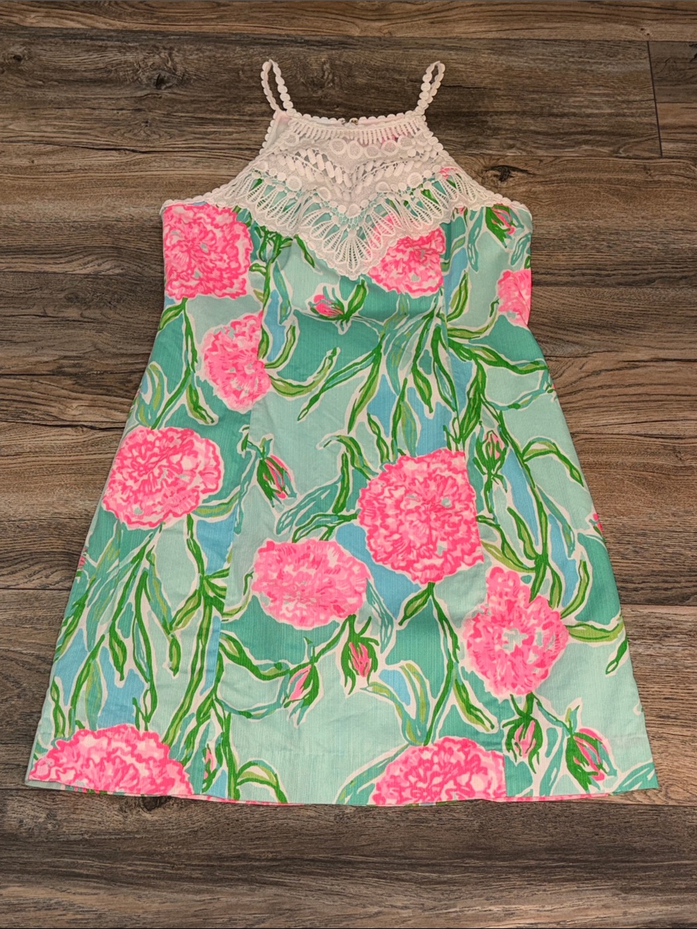 Lilly Pulitzer Aqua and Pink Floral Midi Dress with Lace Yoke